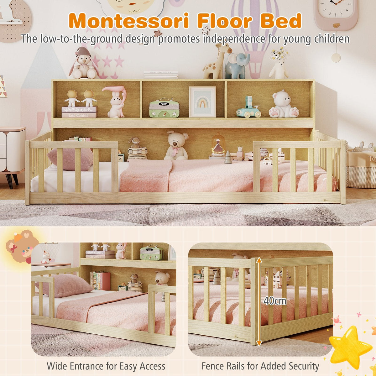 Twin Size Montessori Floor Bed with Bookcase-Natural