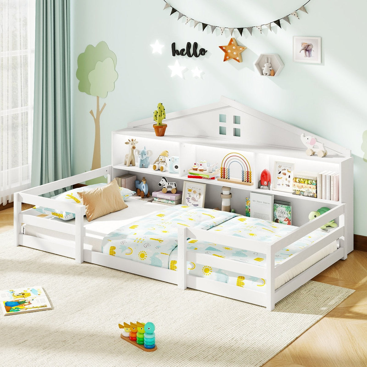 Twin Size Montessori Floor Bed with Storage Compartments and Shelf-White