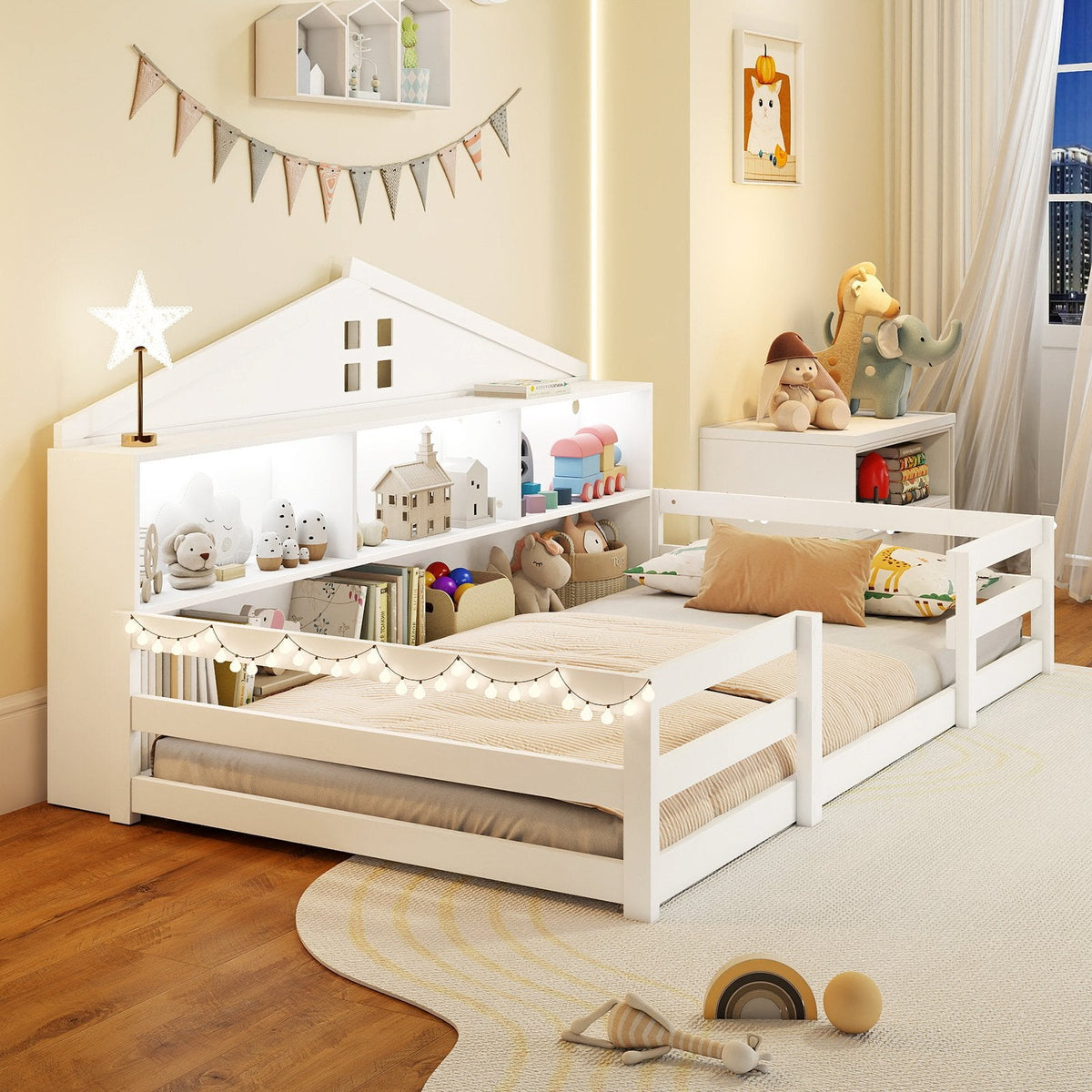 Twin Size Montessori Floor Bed with Storage Compartments and Shelf-White
