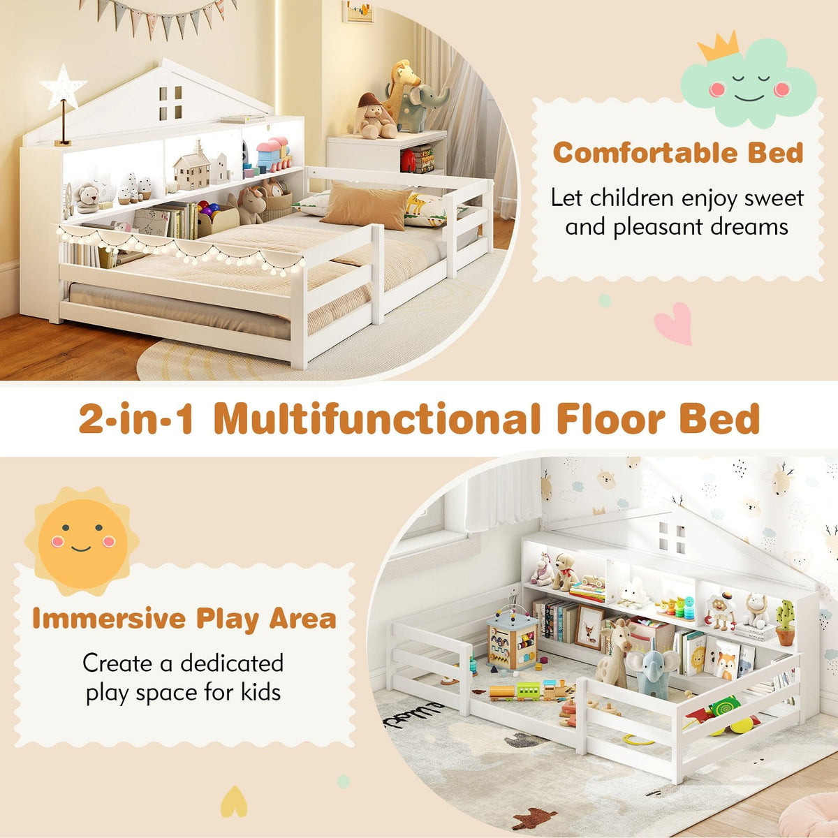 Twin Size Montessori Floor Bed with Storage Compartments and Shelf-White