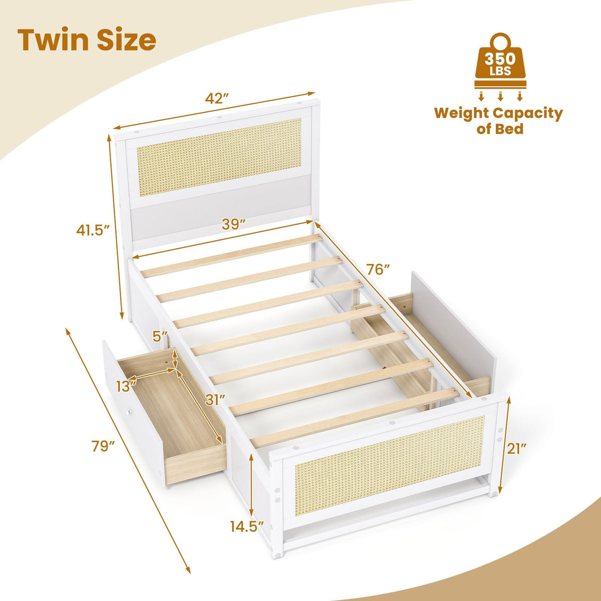 Twin Size Rattan Bed Frame with Storage Drawers-White