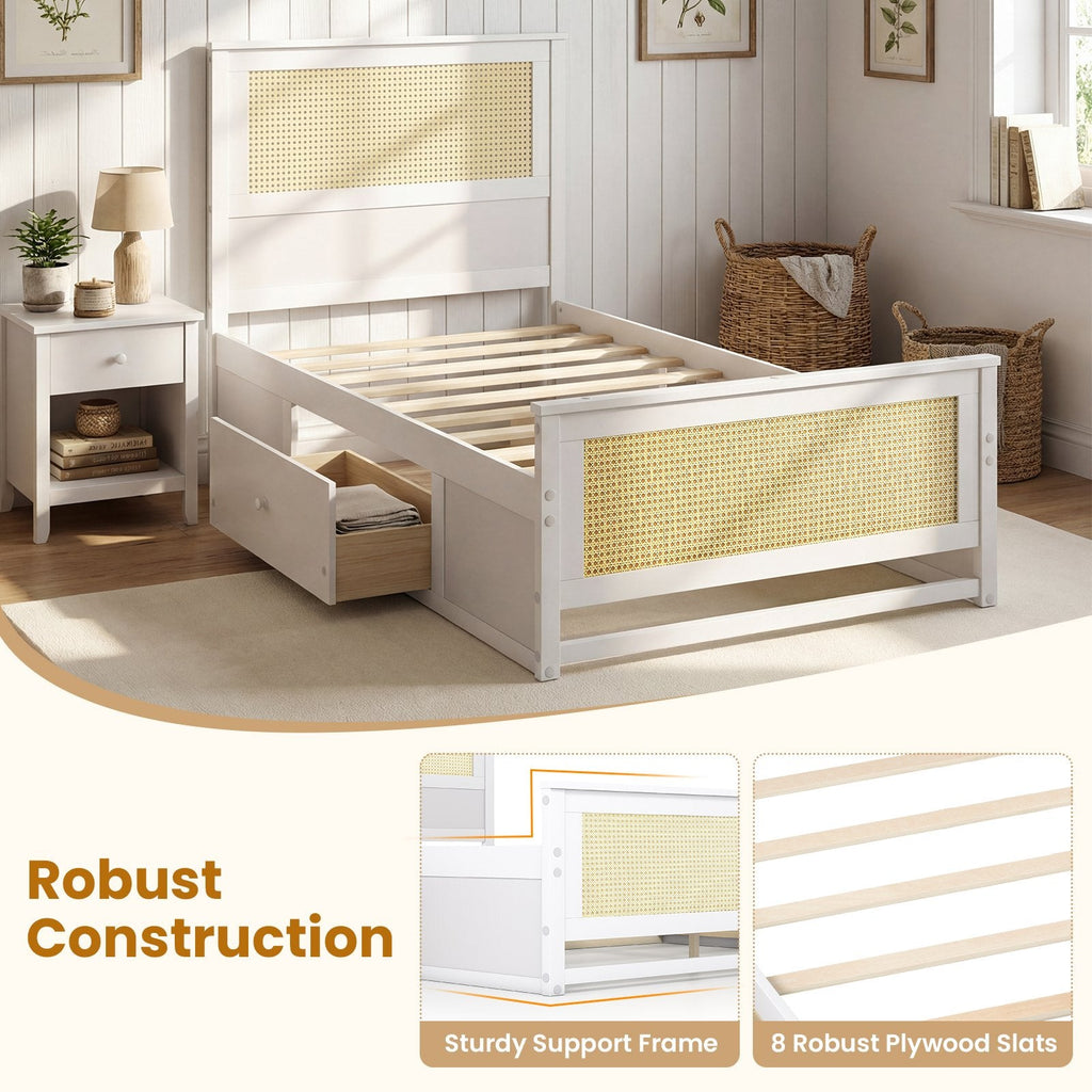 Twin Size Rattan Bed Frame with Storage Drawers-White