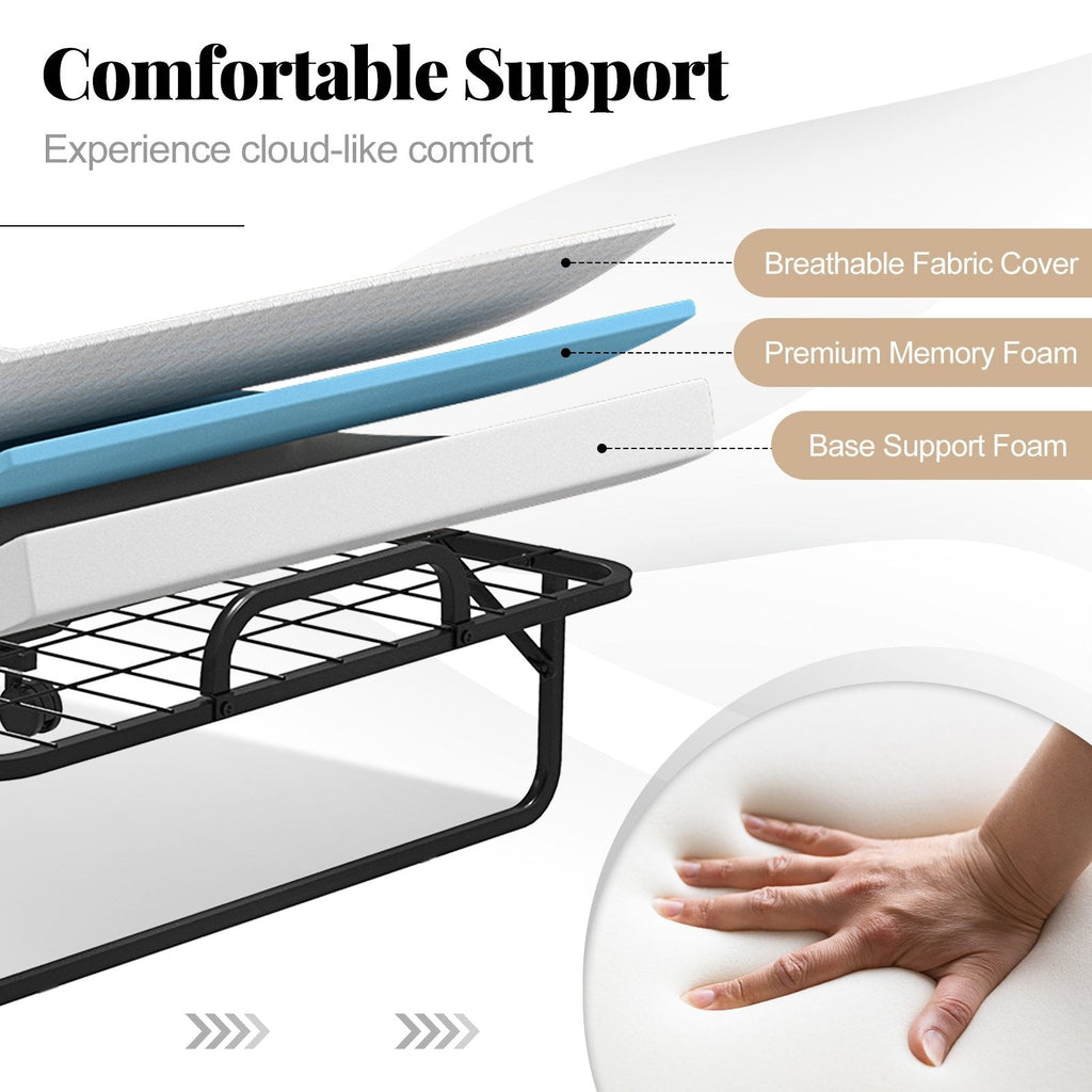 Twin Size Rollaway Guest Folding Bed with Mattress Sturdy Heavy Duty Frame