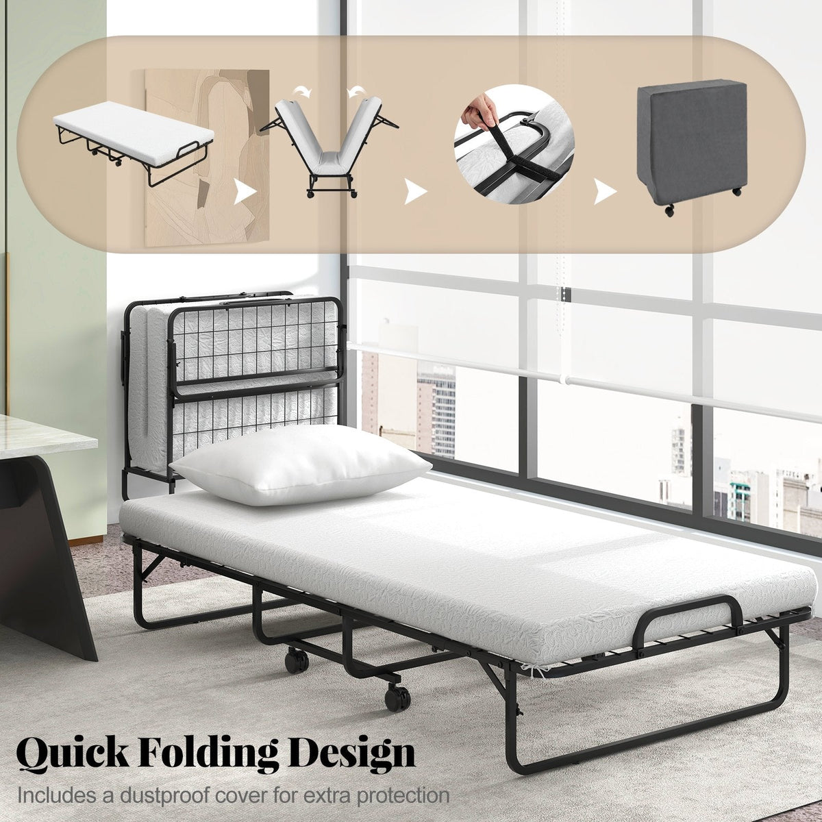 Twin Size Rollaway Guest Folding Bed with Mattress Sturdy Heavy Duty Frame