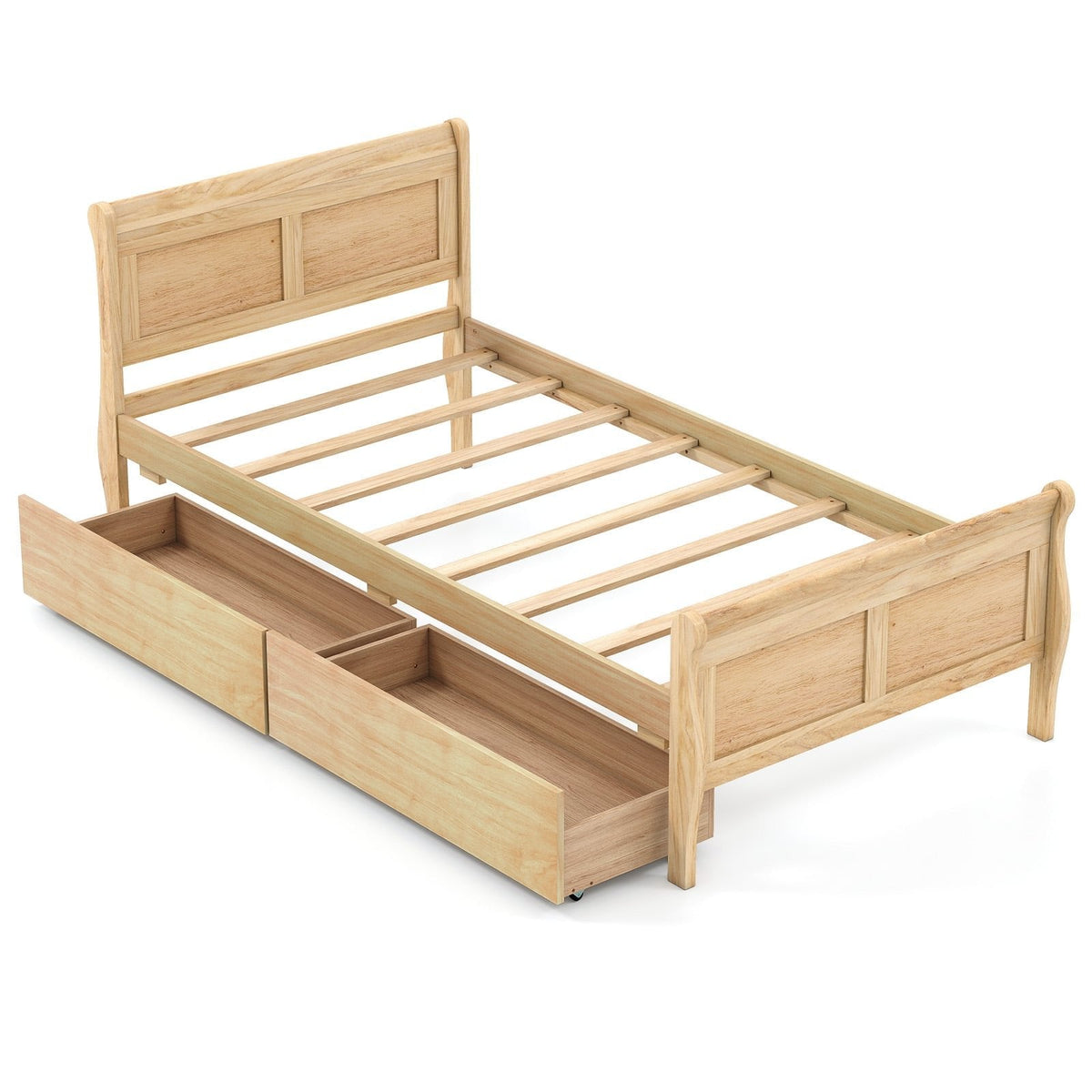 Twin Sleigh Bed with 2 Rolling Drawers and Curved Footboard, Natural