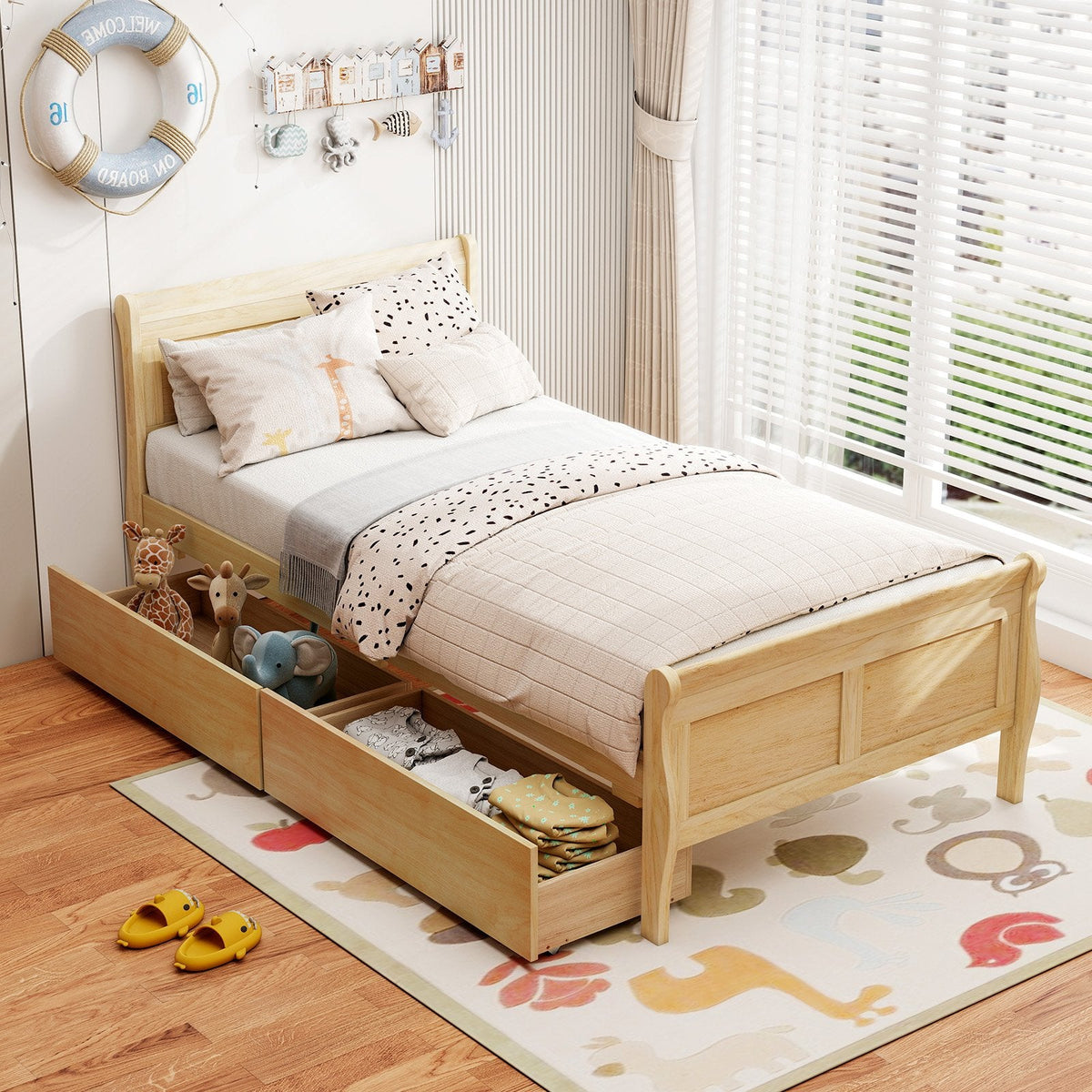 Twin Sleigh Bed with 2 Rolling Drawers and Curved Footboard, Natural
