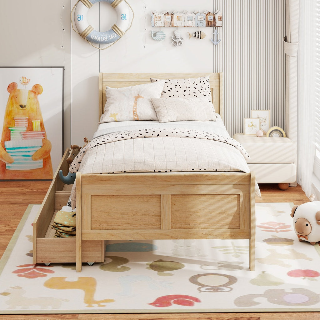 Twin Sleigh Bed with 2 Rolling Drawers and Curved Footboard, Natural