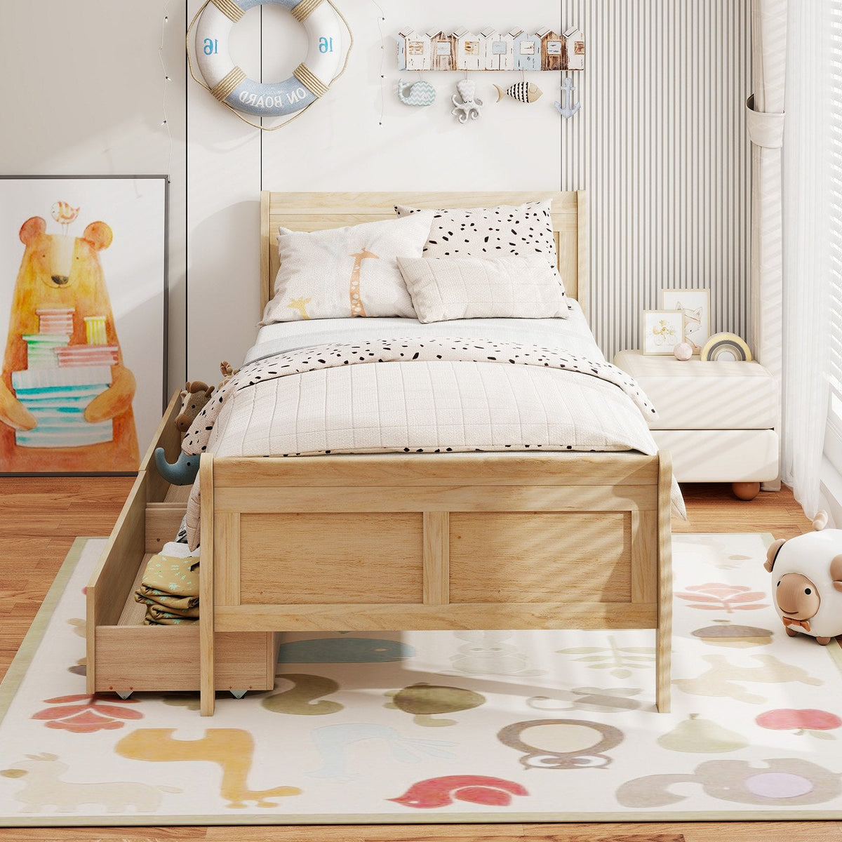 Twin Sleigh Bed with 2 Rolling Drawers and Curved Footboard, Natural