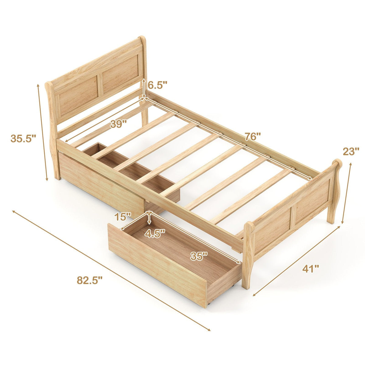 Twin Sleigh Bed with 2 Rolling Drawers and Curved Footboard, Natural