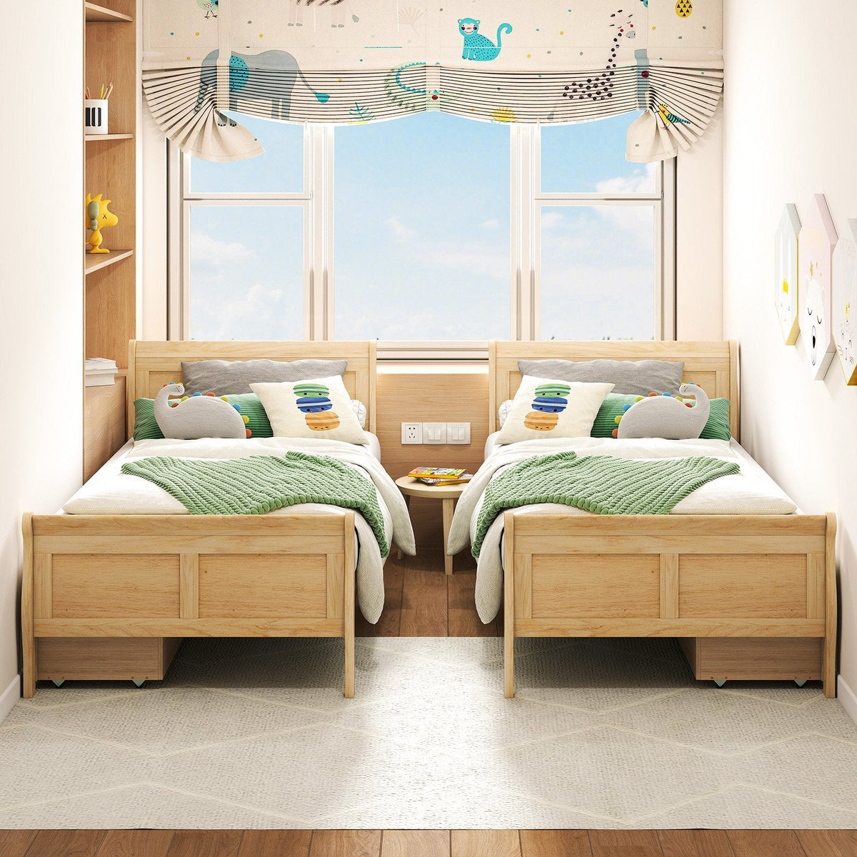 Twin Sleigh Bed with 2 Rolling Drawers and Curved Footboard, Natural