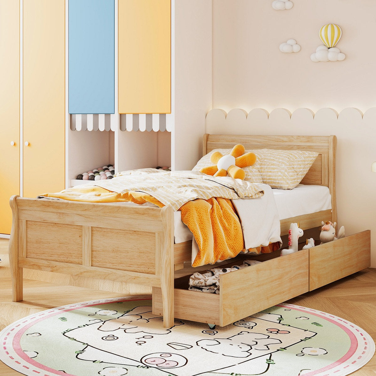 Twin Sleigh Bed with 2 Rolling Drawers and Curved Footboard, Natural