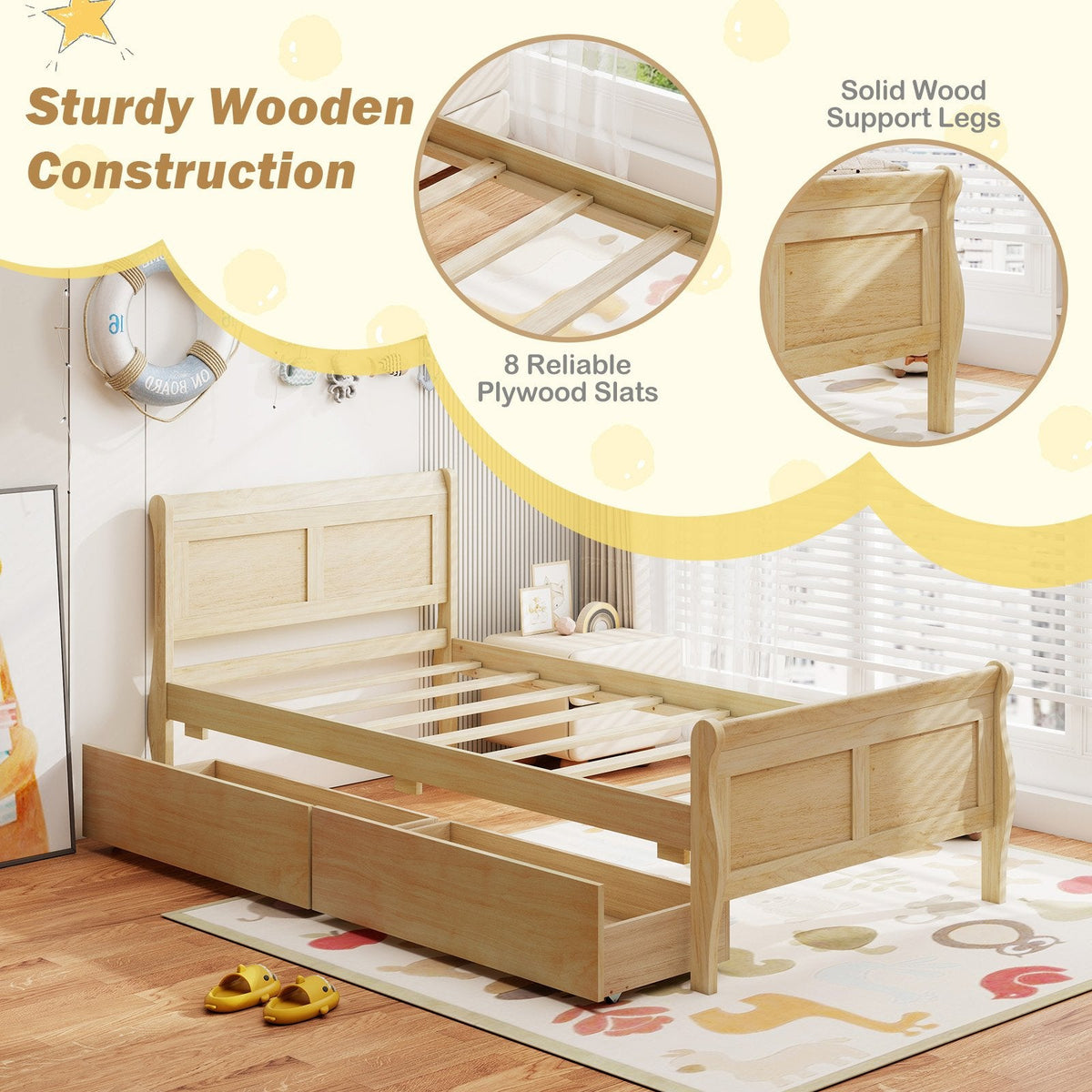 Twin Sleigh Bed with 2 Rolling Drawers and Curved Footboard, Natural