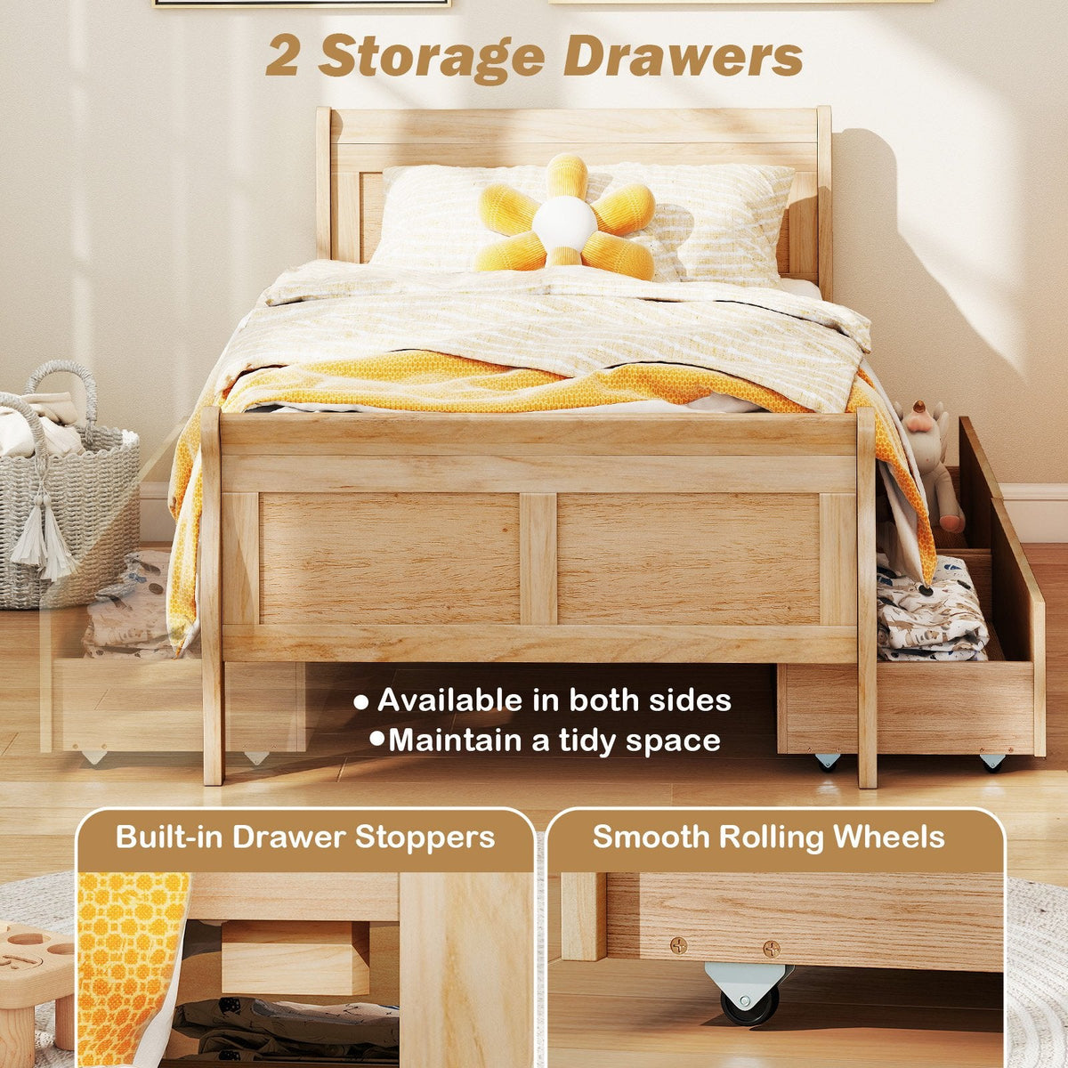 Twin Sleigh Bed with 2 Rolling Drawers and Curved Footboard, Natural