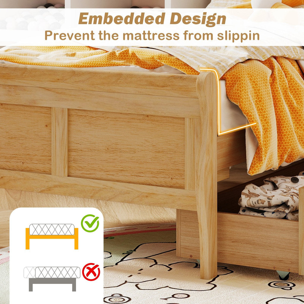 Twin Sleigh Bed with 2 Rolling Drawers and Curved Footboard, Natural