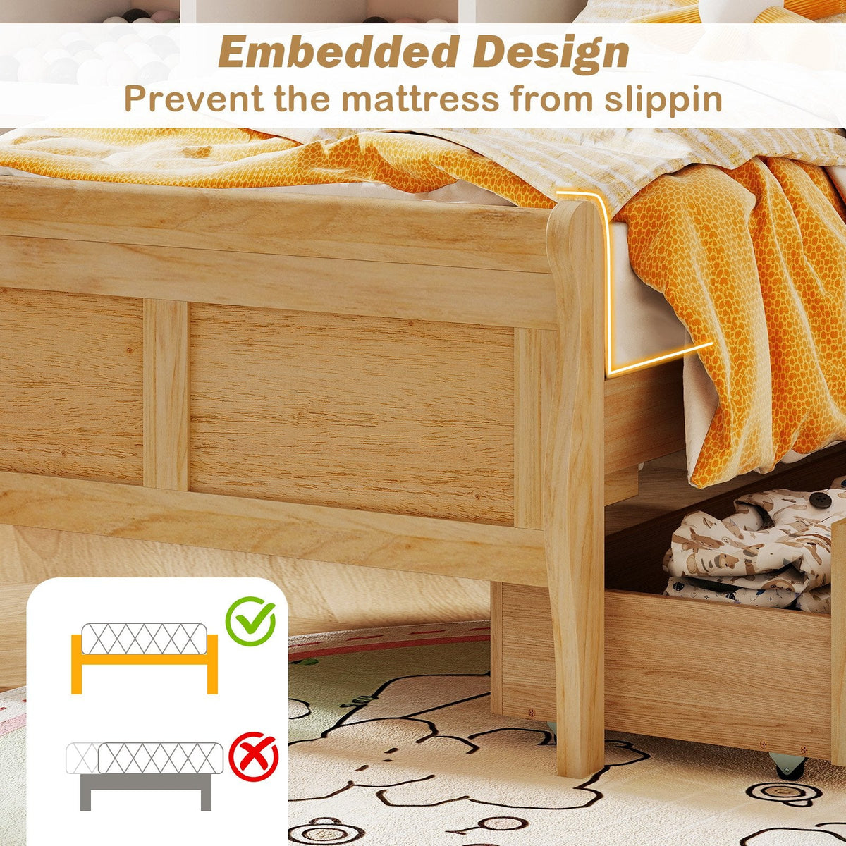 Twin Sleigh Bed with 2 Rolling Drawers and Curved Footboard, Natural