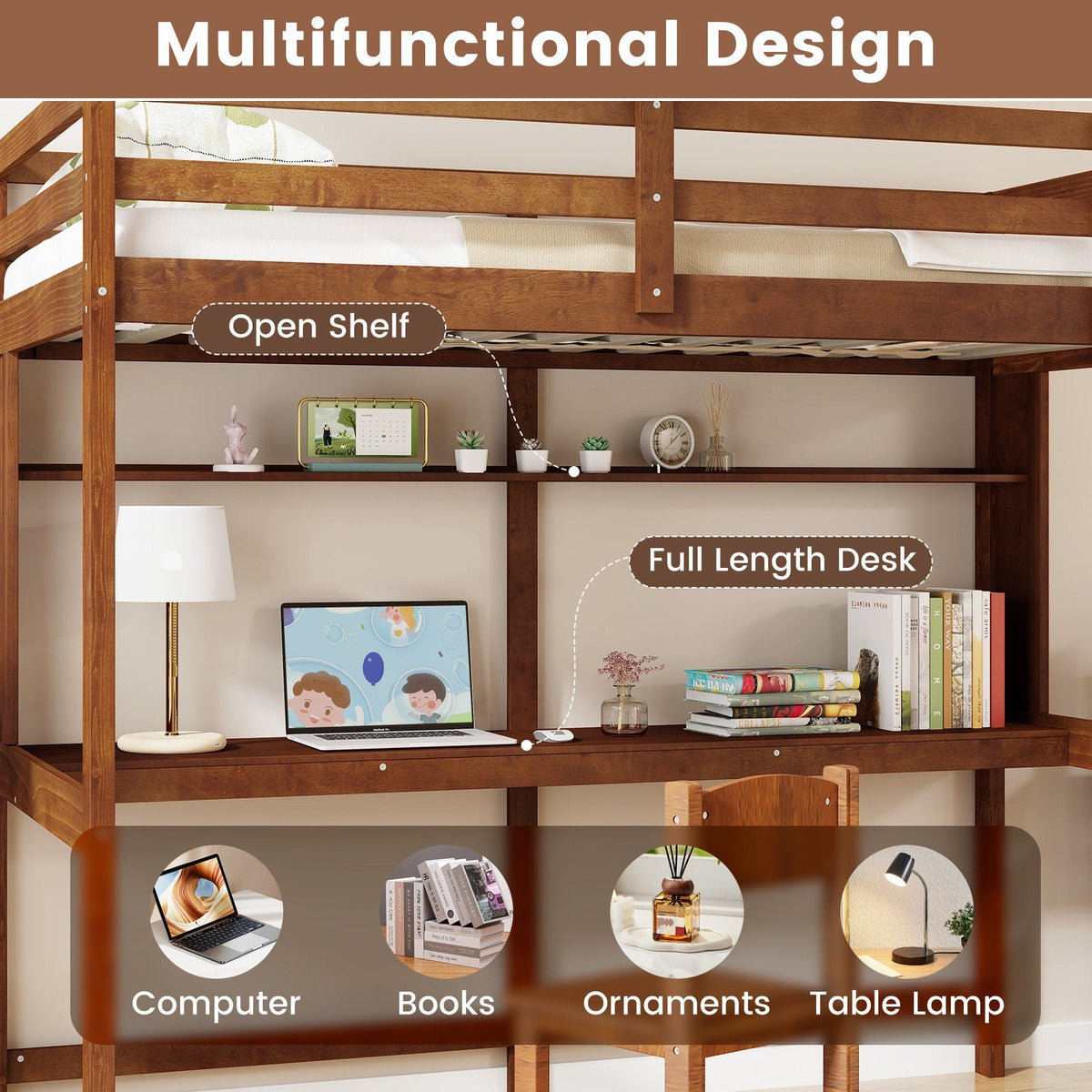 Twin Size Solid Wood Slatted Loft Bed Frame with Safety Guardrail for Kid-Brown