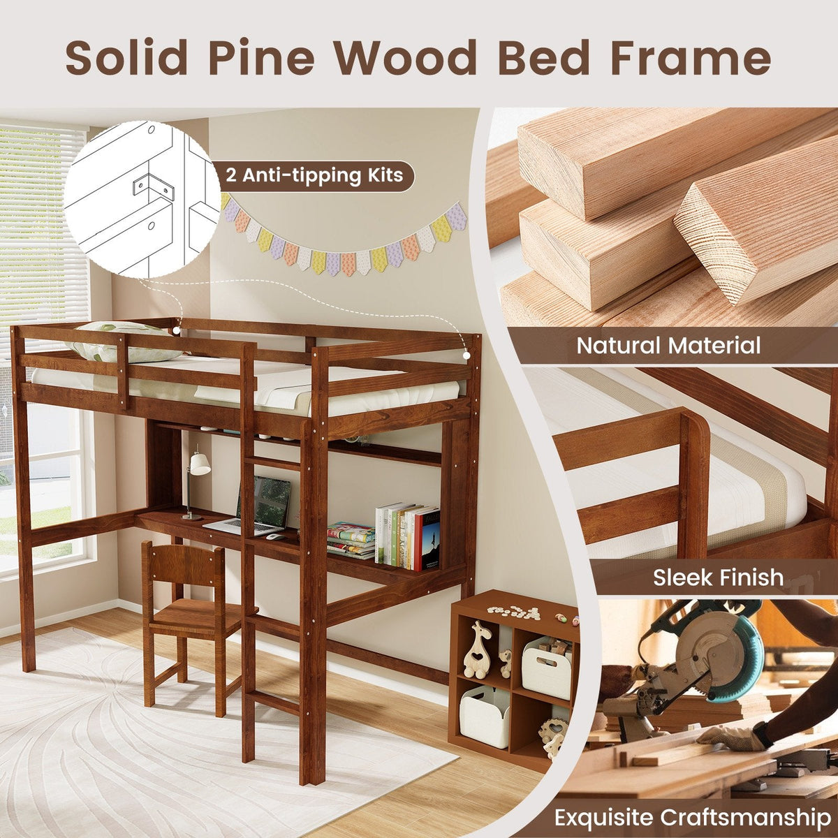 Twin Size Solid Wood Slatted Loft Bed Frame with Safety Guardrail for Kid-Brown