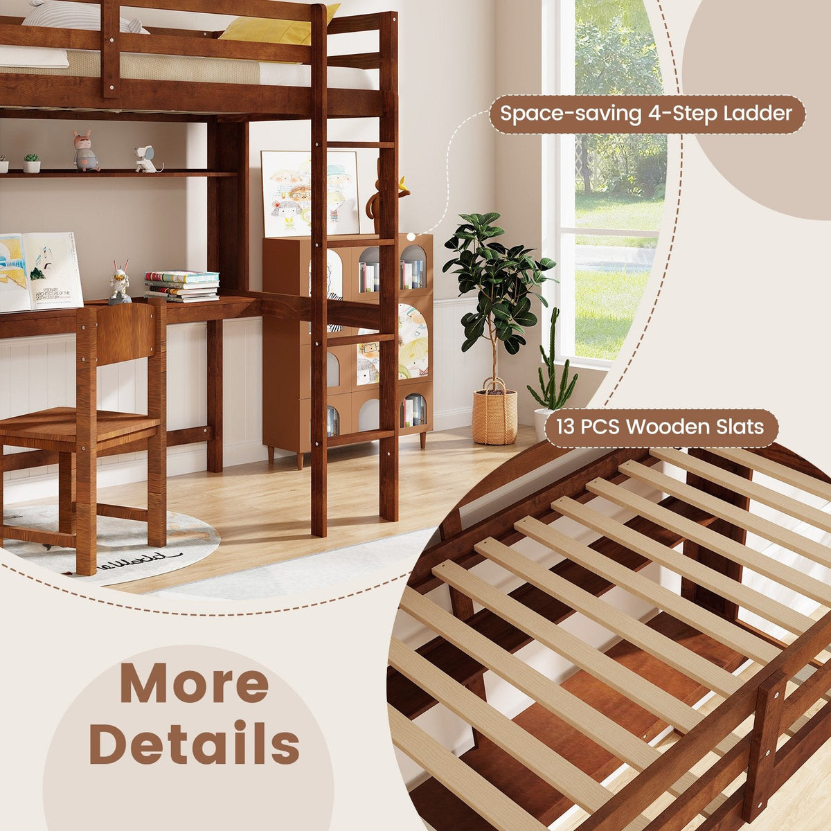 Twin Size Solid Wood Slatted Loft Bed Frame with Safety Guardrail for Kid-Brown