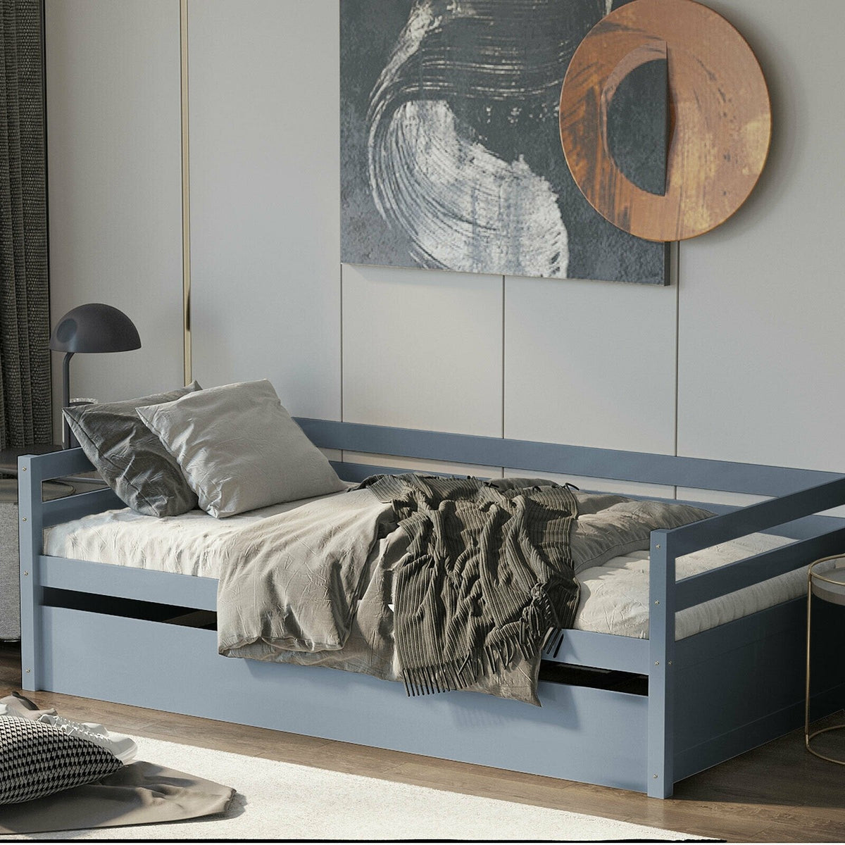 Twin Size Trundle Platform Bed Frame with, Wooden Slat Support-Gray