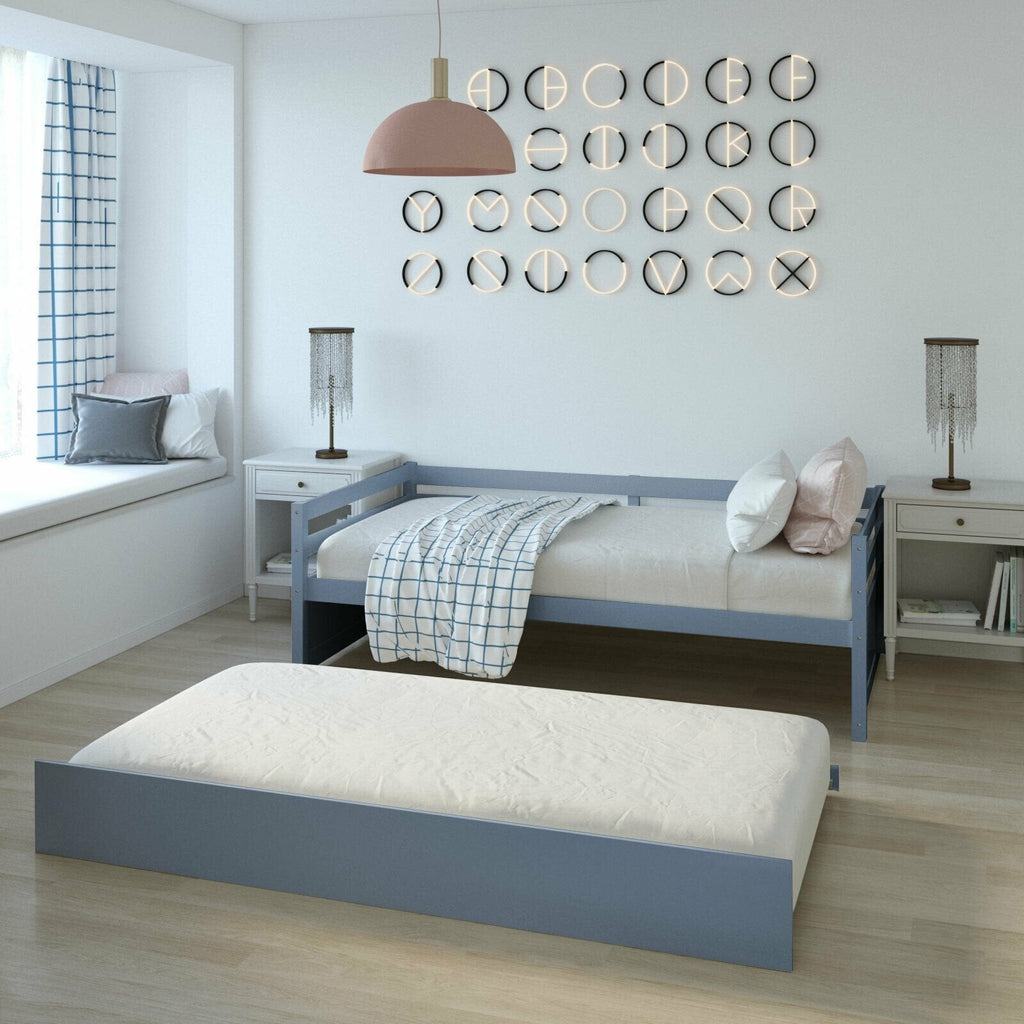 Twin Size Trundle Platform Bed Frame with, Wooden Slat Support-Gray