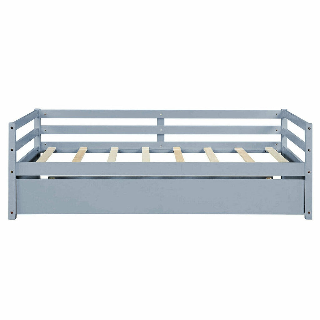 Twin Size Trundle Platform Bed Frame with, Wooden Slat Support-Gray