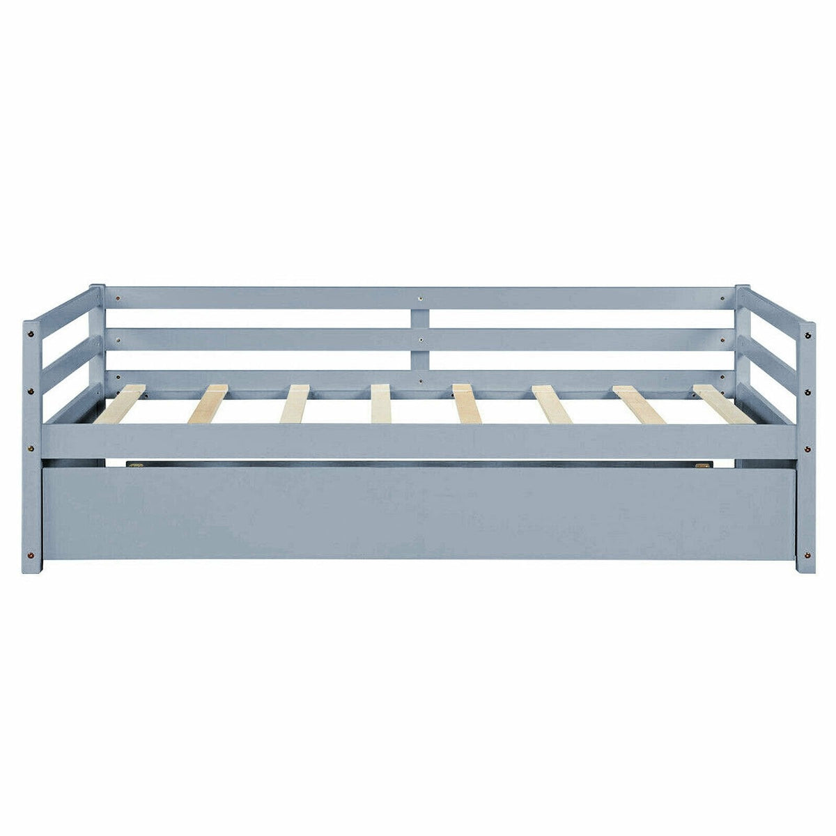 Twin Size Trundle Platform Bed Frame with, Wooden Slat Support-Gray