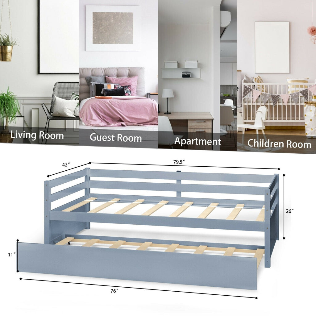 Twin Size Trundle Platform Bed Frame with, Wooden Slat Support-Gray