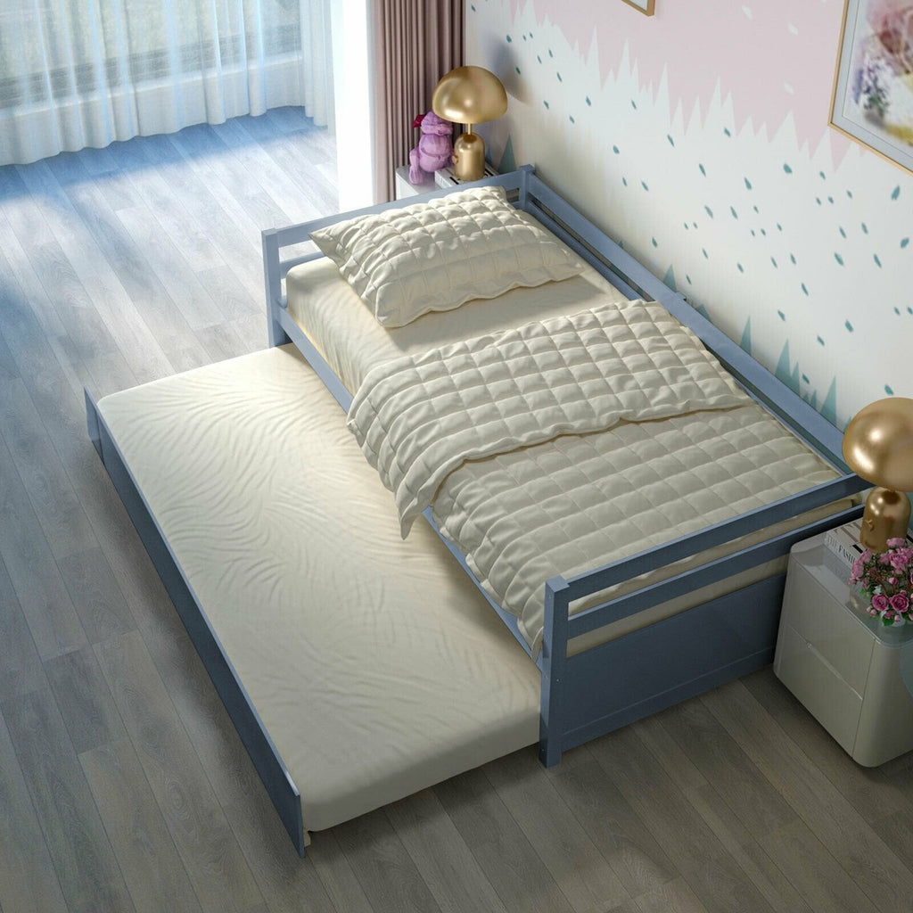 Twin Size Trundle Platform Bed Frame with, Wooden Slat Support-Gray