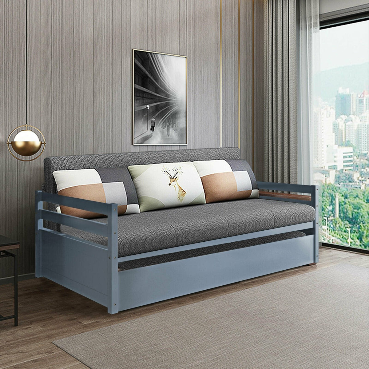 Twin Size Trundle Platform Bed Frame with, Wooden Slat Support-Gray