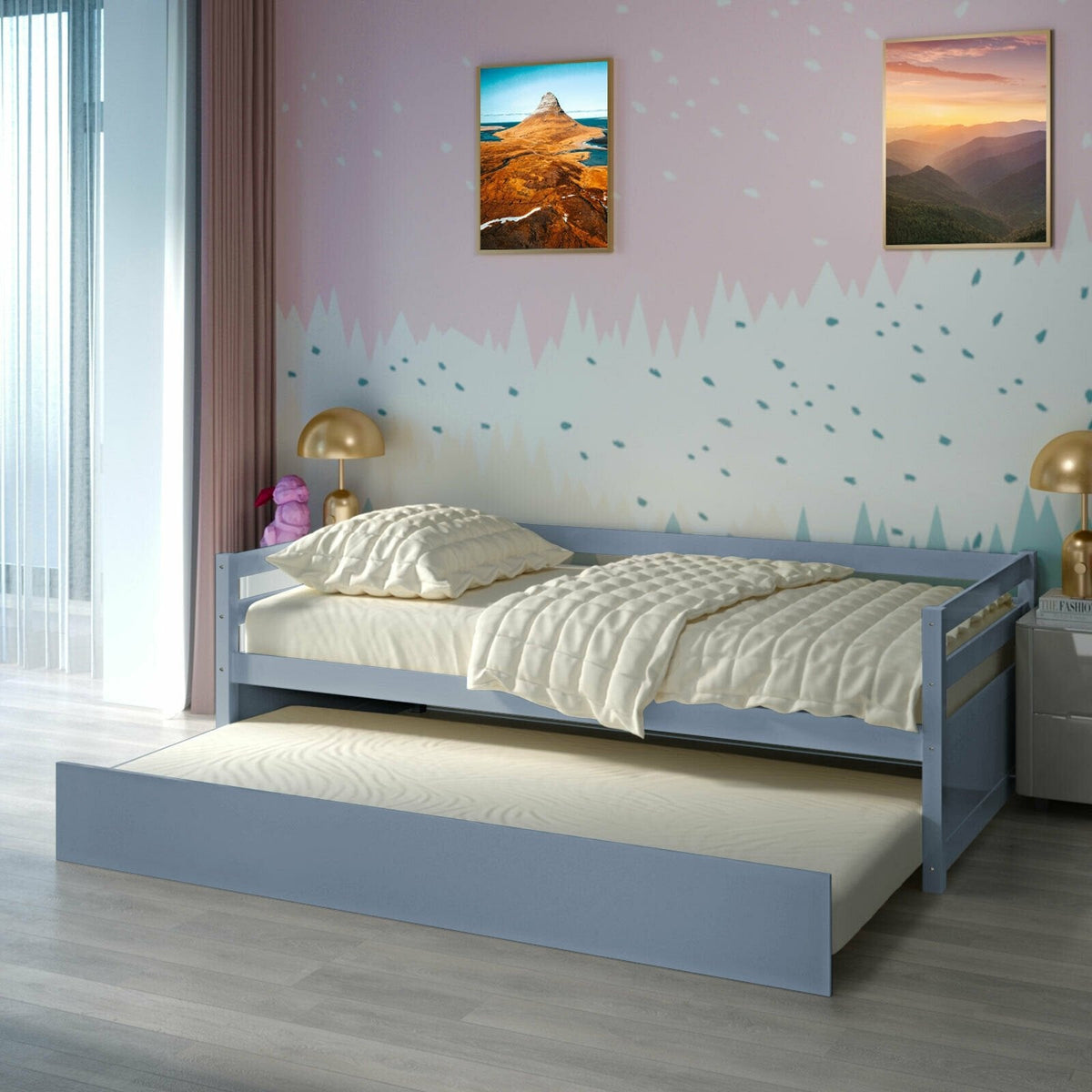 Twin Size Trundle Platform Bed Frame with, Wooden Slat Support-Gray