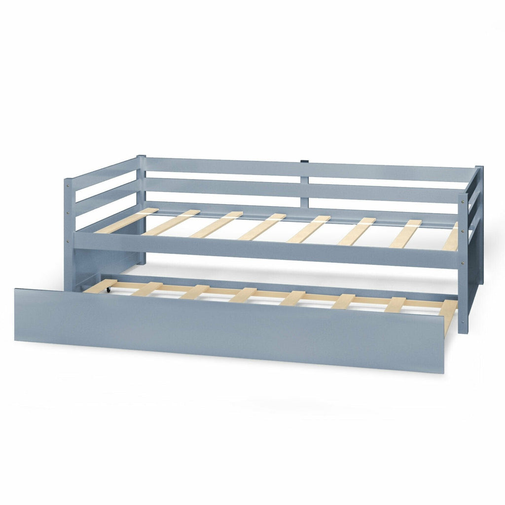 Twin Size Trundle Platform Bed Frame with, Wooden Slat Support-Gray