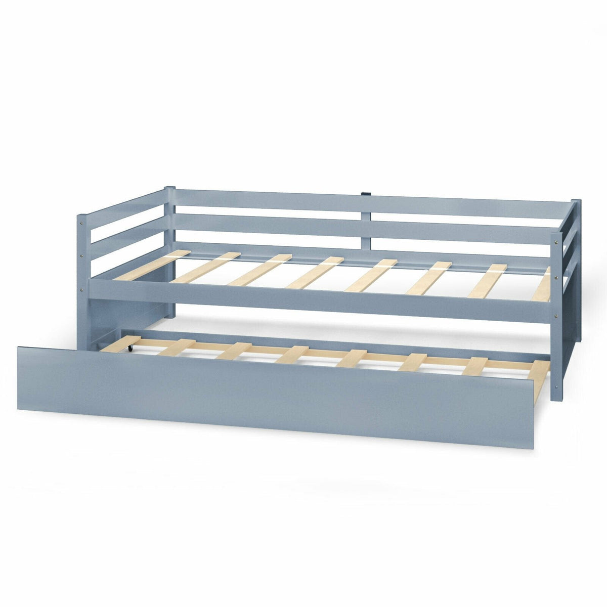 Twin Size Trundle Platform Bed Frame with, Wooden Slat Support-Gray