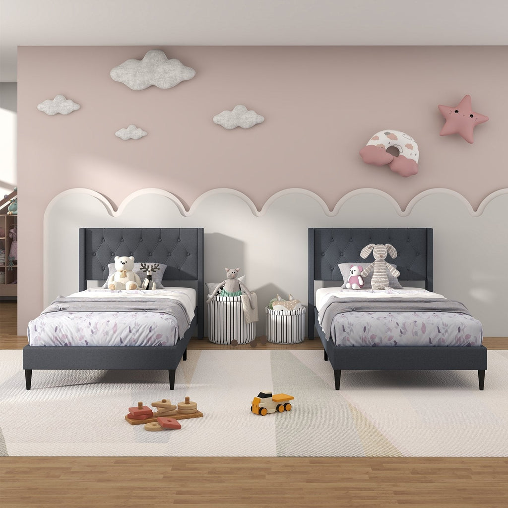 Twin Linen Platform Bed with Button Tufted Wingback Headboard, Grey