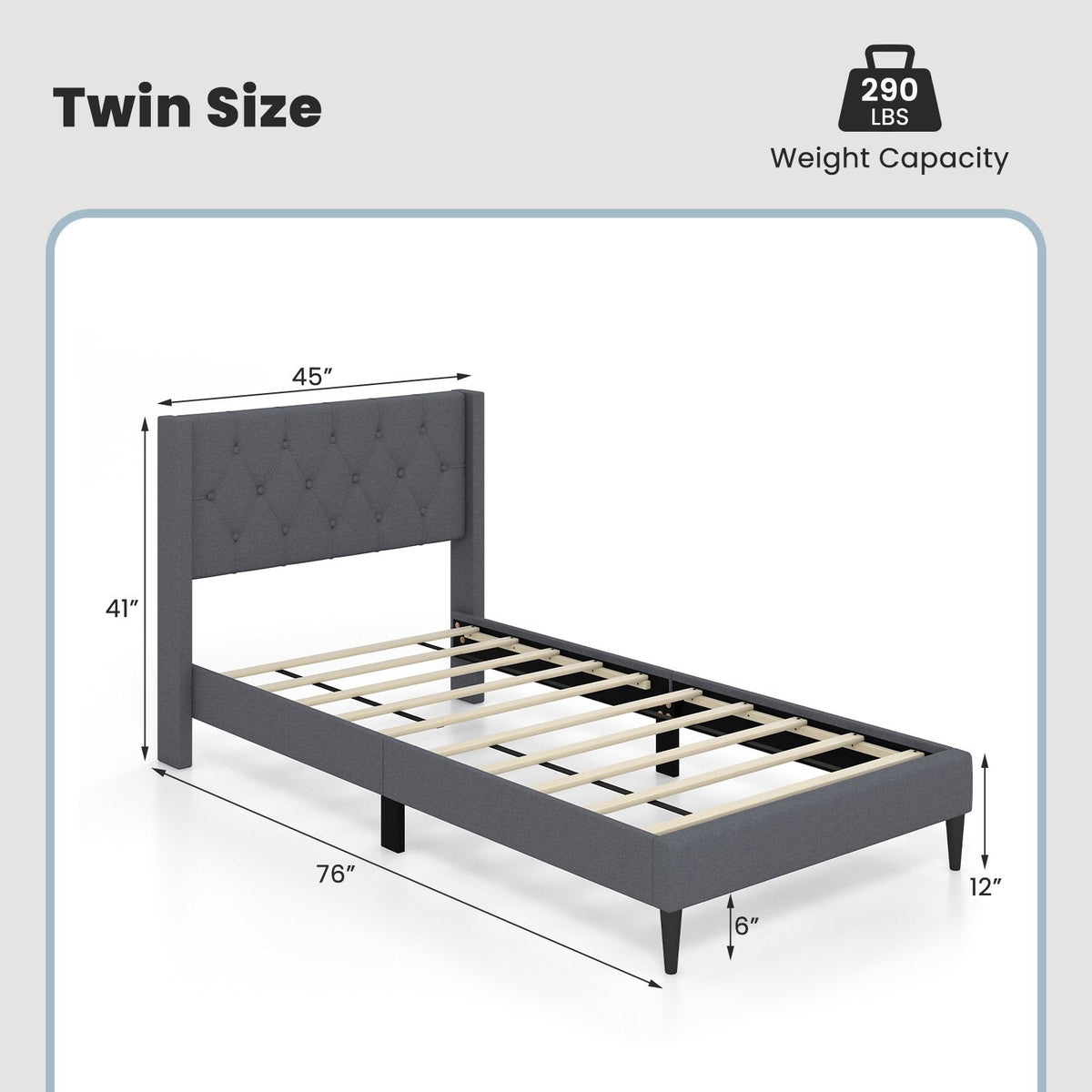 Twin Linen Platform Bed with Button Tufted Wingback Headboard, Grey