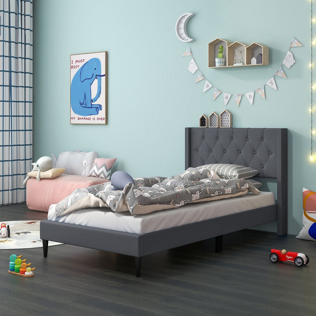 Twin Linen Platform Bed with Button Tufted Wingback Headboard, Grey