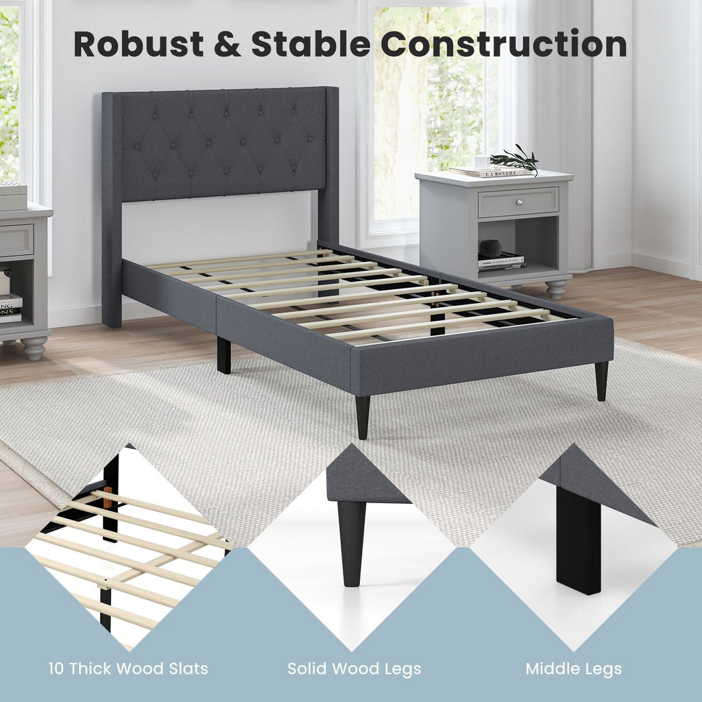 Twin Linen Platform Bed with Button Tufted Wingback Headboard, Grey