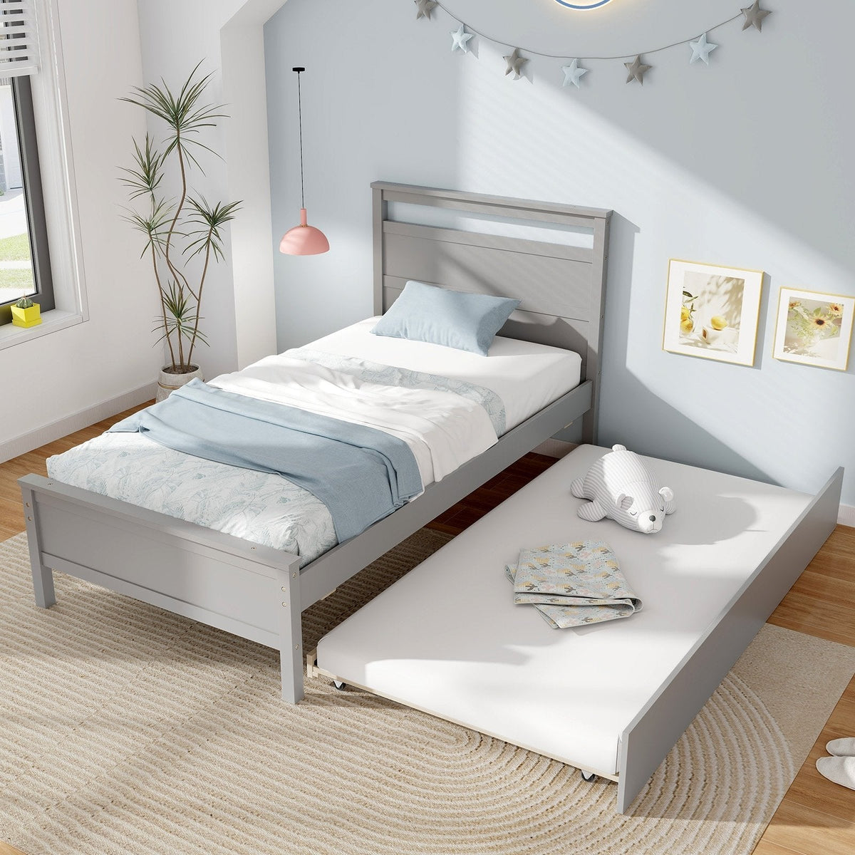 Twin Size Wooden Bed Frame with Trundle for Teens and Adults-Gray