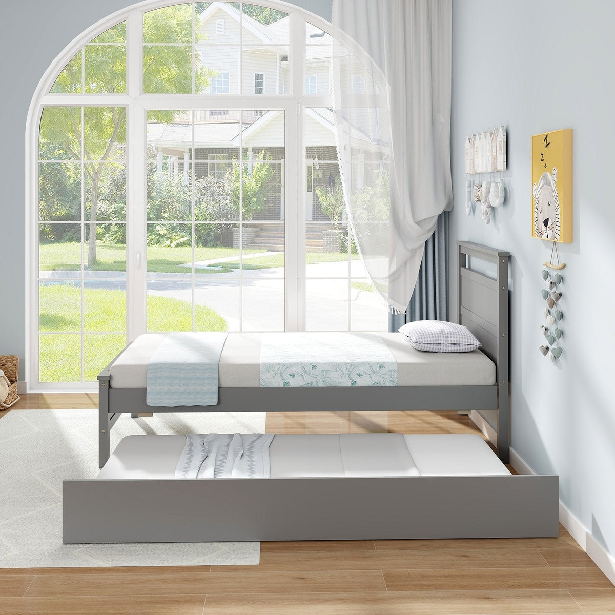 Twin Size Wooden Bed Frame with Trundle for Teens and Adults-Gray