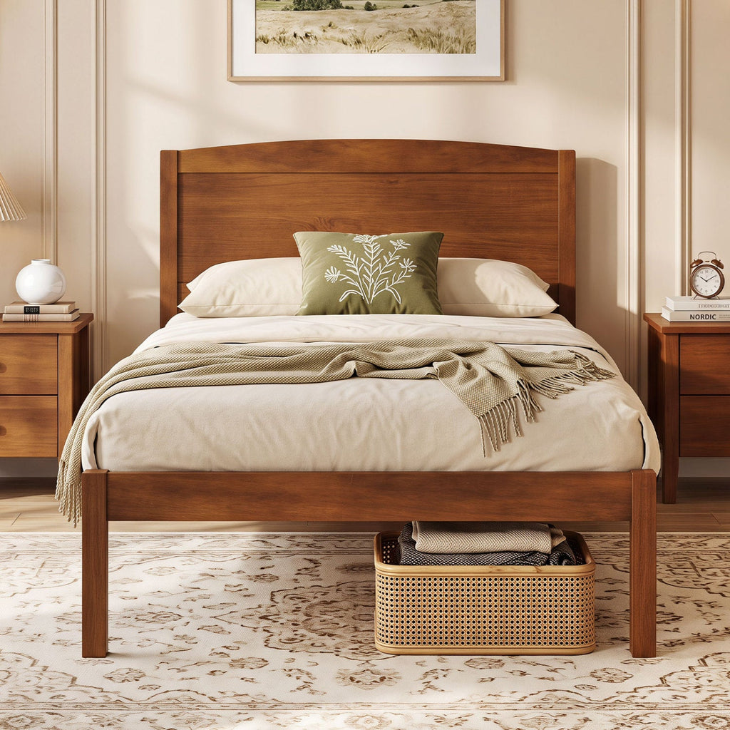 Twin Size Wooden Platform Bed Frame with Curved Headboard-Walnut