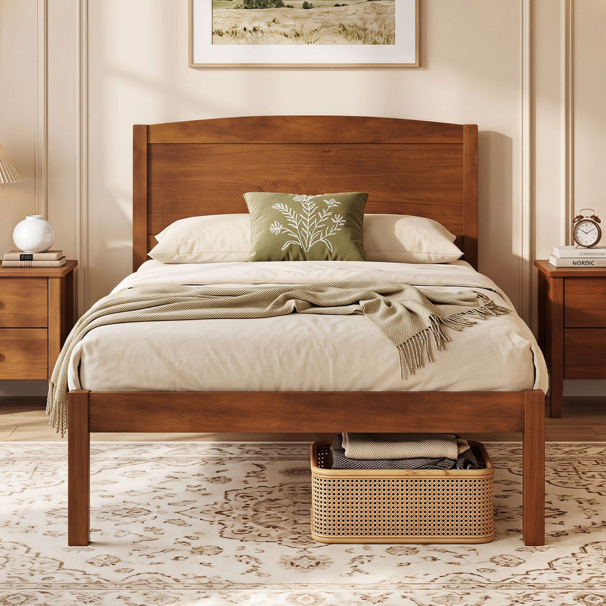 Twin Size Wooden Platform Bed Frame with Curved Headboard-Walnut