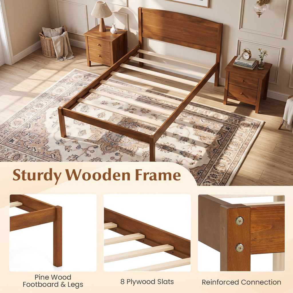 Twin Size Wooden Platform Bed Frame with Curved Headboard-Walnut