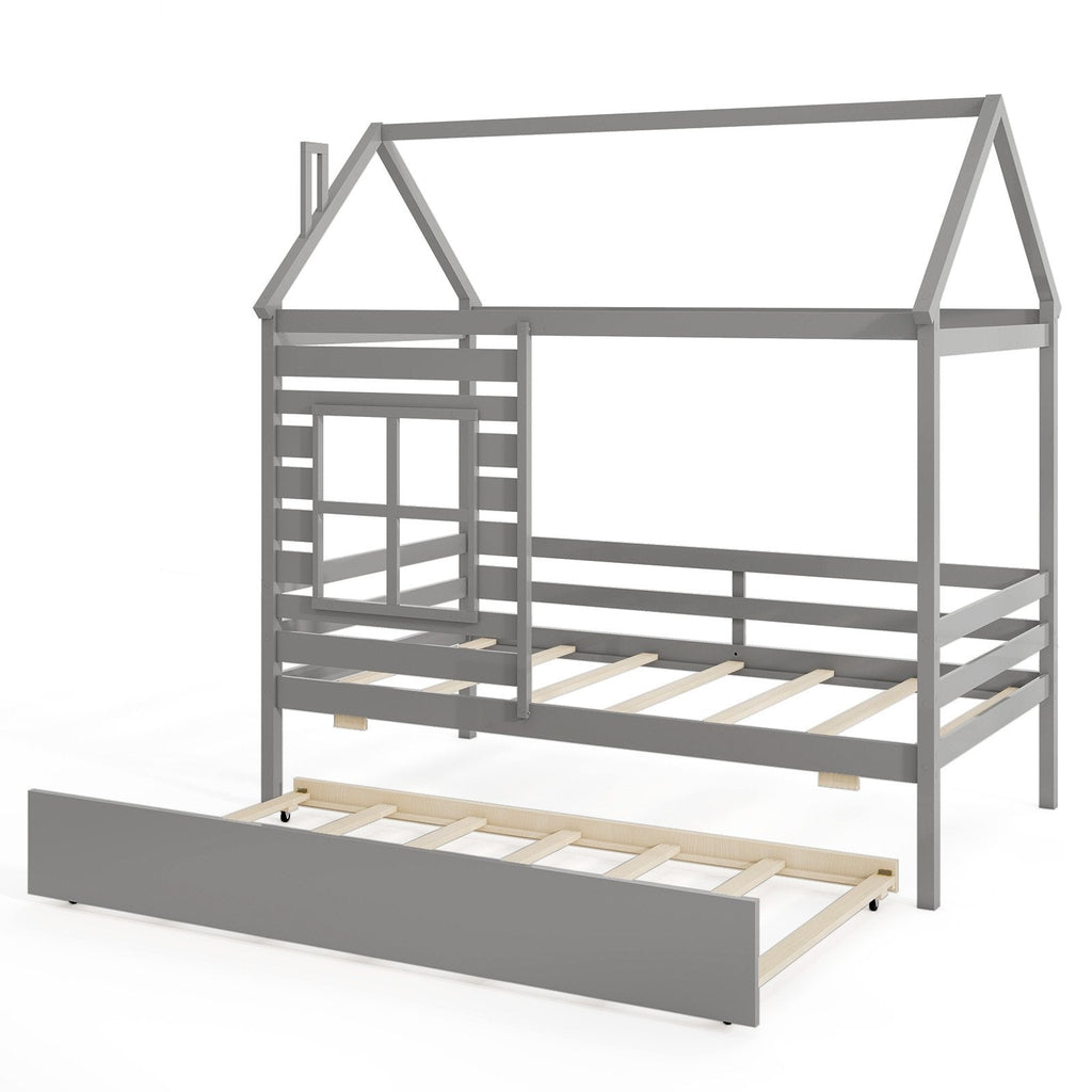 Twin Size Wooden Platform House Bed with Trundle and Roof-Grey
