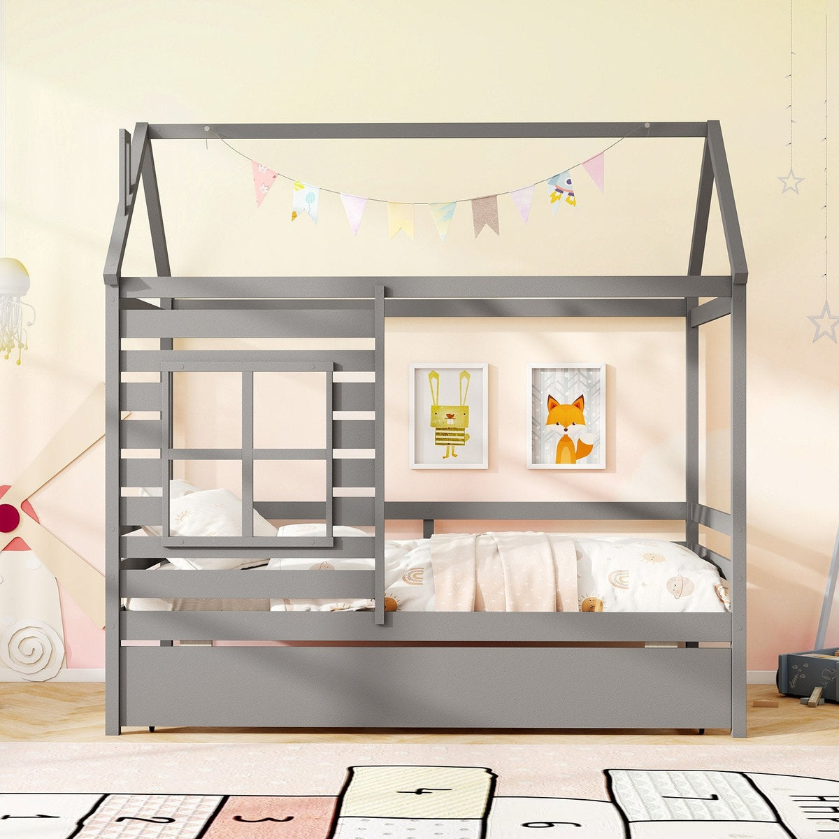 Twin Size Wooden Platform House Bed with Trundle and Roof-Grey
