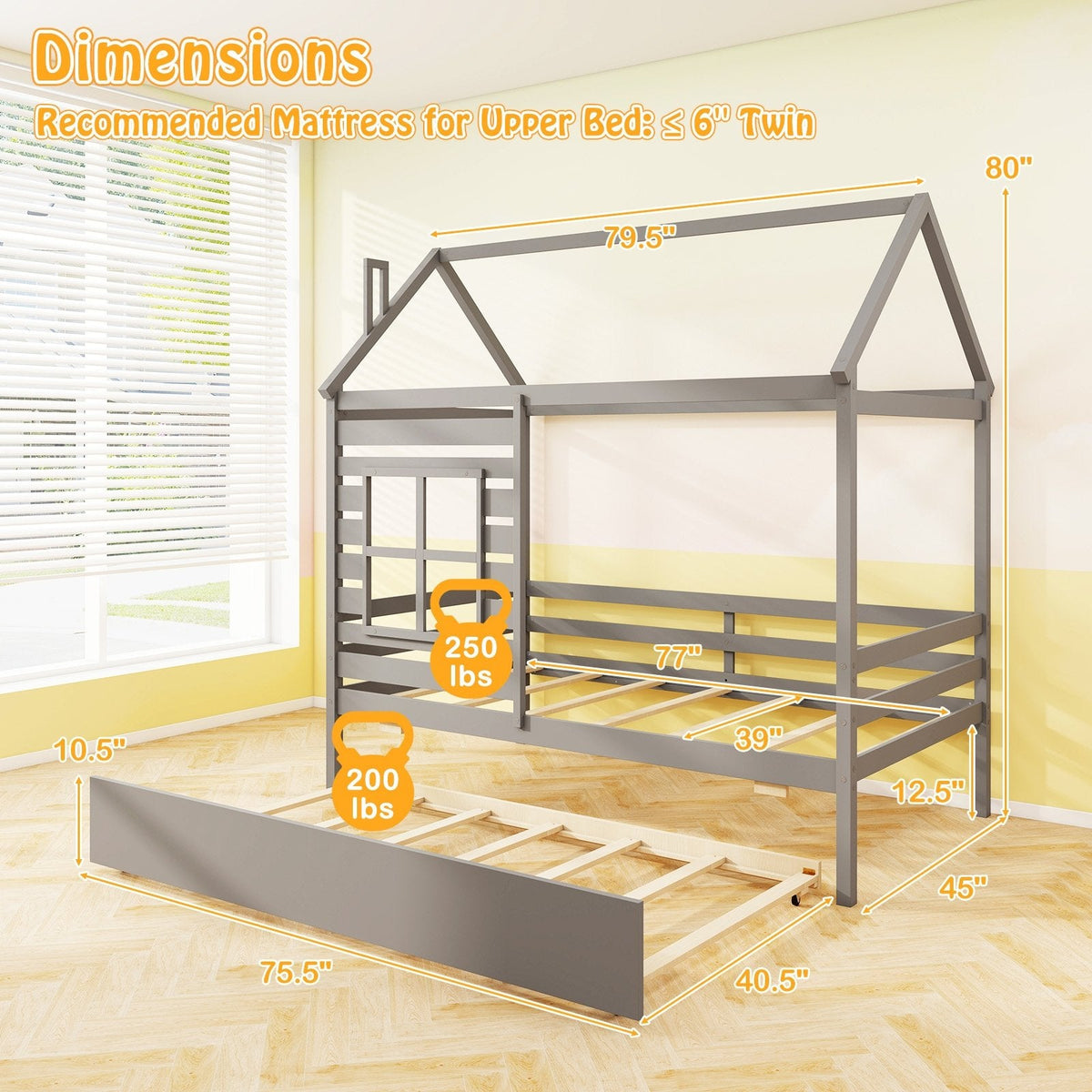 Twin Size Wooden Platform House Bed with Trundle and Roof-Grey