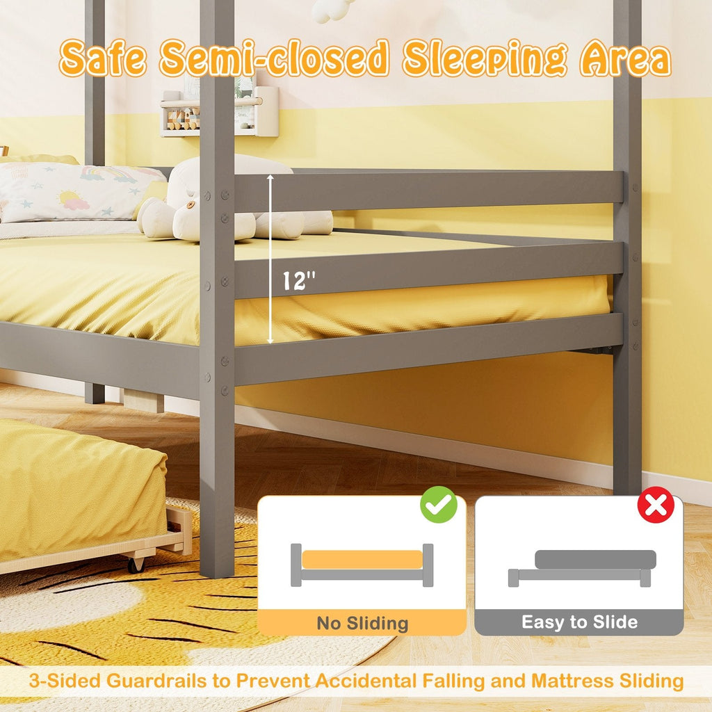 Twin Size Wooden Platform House Bed with Trundle and Roof-Grey