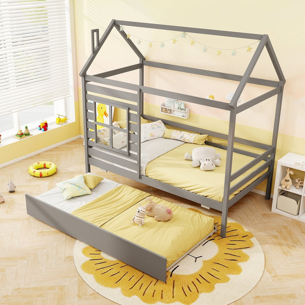 Twin Size Wooden Platform House Bed with Trundle and Roof-Grey