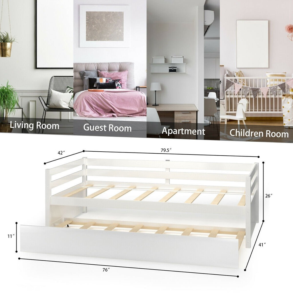 Twin Size Wooden Slat Trundle Platform-White