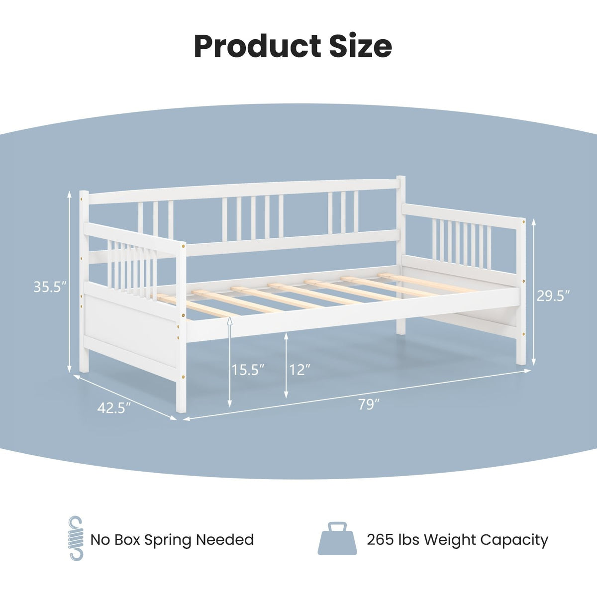 Twin Size Wooden Slats Daybed Bed with Rails-White