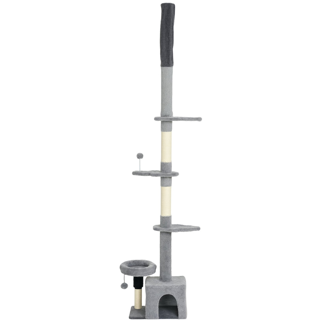 Floor to Ceiling Cat Tree, 4 Tiers Tall Kitty Climbing Tower with Scratching Post, Adjustable Height 87-100"