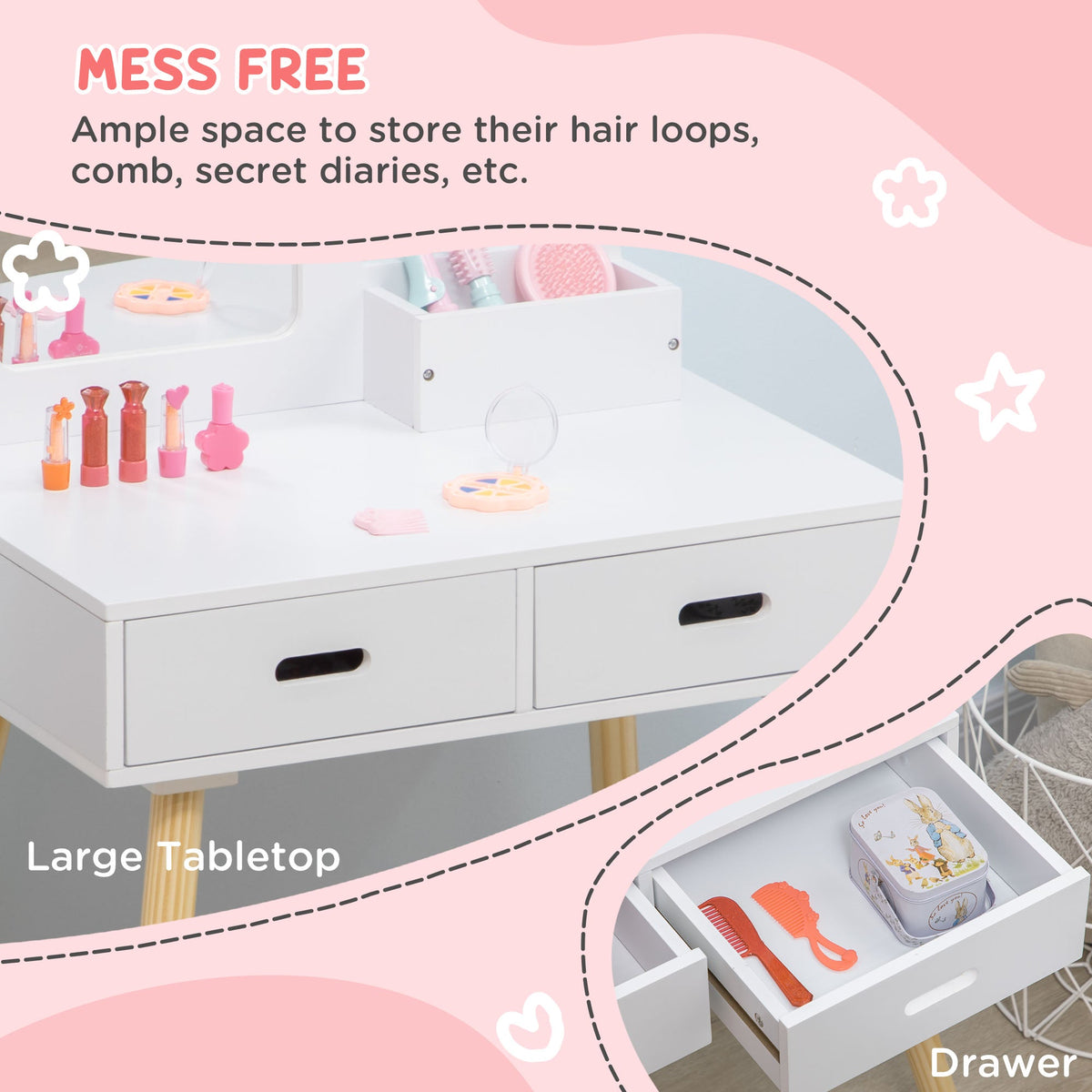 Kids Vanity Set with Mirror and Stool, Makeup Dressing Table with Drawers for Children Aged 3-6 Years, White
